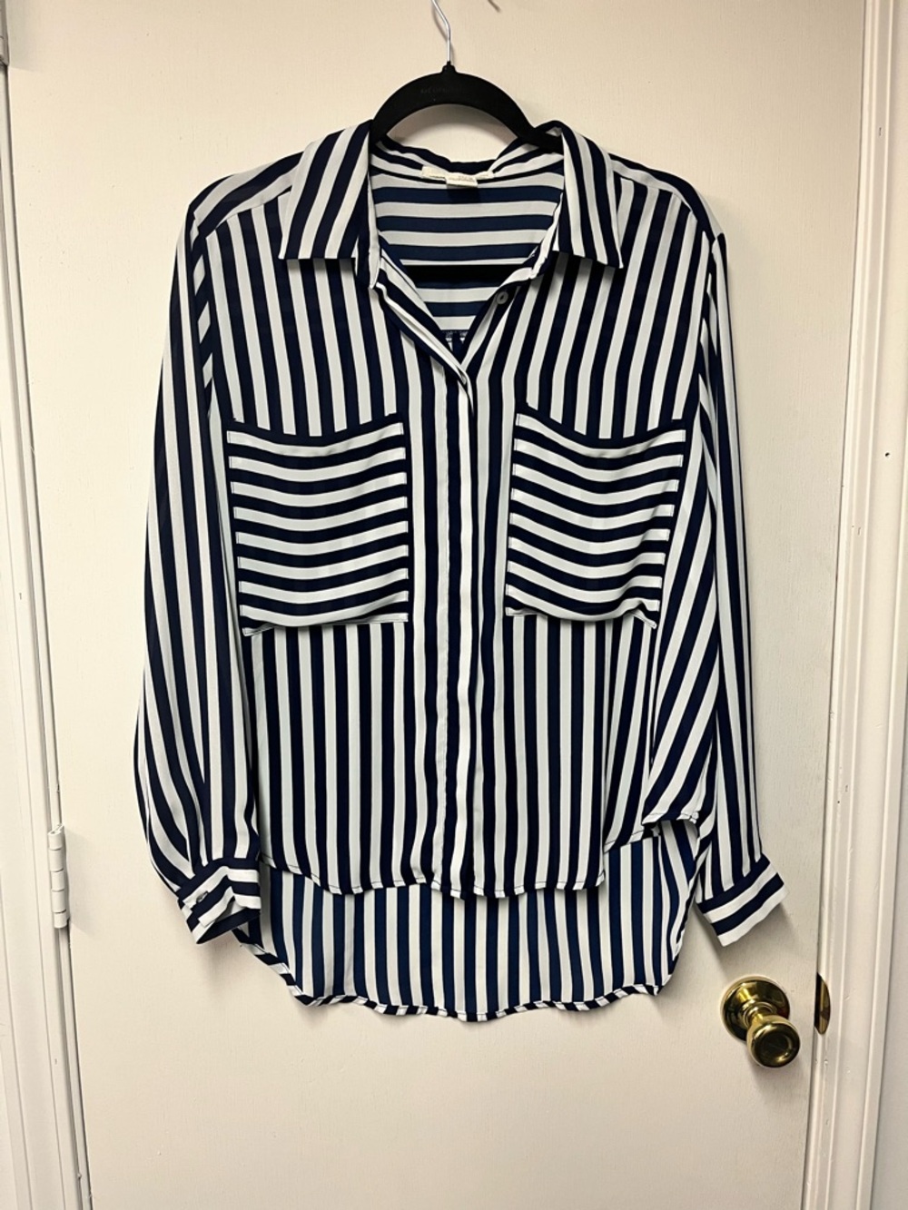 Sans Souci Navy White Striped Button Down Blouse Size Medium